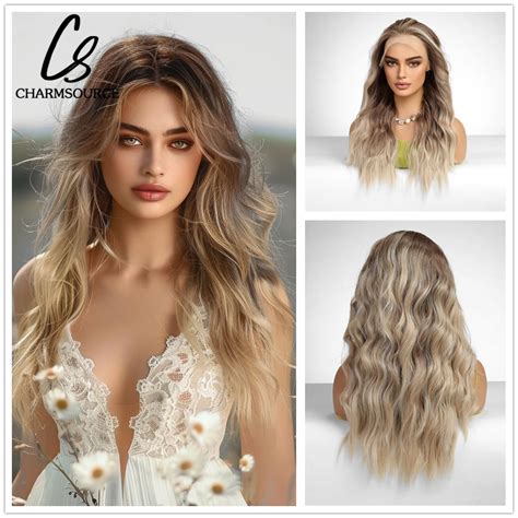 CharmSource 13x4 Lace Front Wigs Brown Ombre Blonde Synthetic Long Wavy