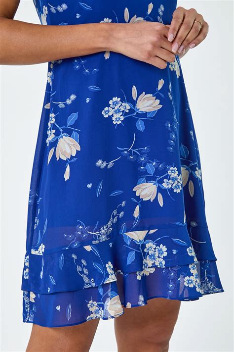 Blue Floral Print Frill Detailed Dress Roman UK