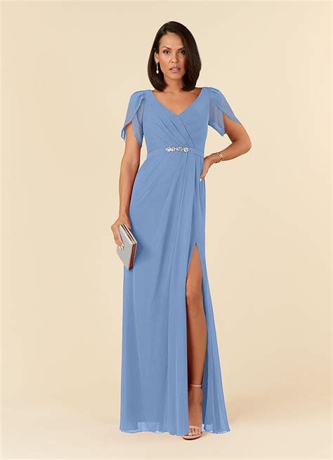 Azazie Marianne Steel Blue Sheath V Neck Pleated Chiffon Dress Azazie CA