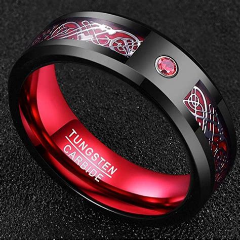 RED DRAGON 8mm Black Tungsten Carbide Celtic Dragon W Red Inner Band