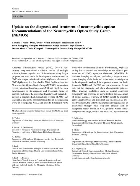 (PDF) Update on the diagnosis and treatment of neuromyelitis optica ...