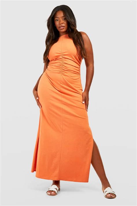 Plus Cotton Ruched Detail Split Midi Dress Boohoo Uk