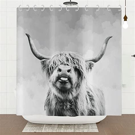 GCIREC Cow Shower Curtain Grey Highland Wildlife Cow Bull Funny