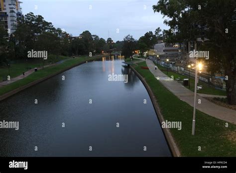 The Parramatta River viewed from Lennox Bridge, Church Street, Parramatta in Western Sydney ...