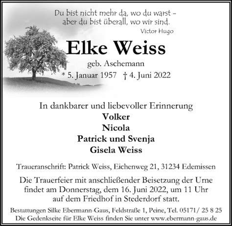 Traueranzeigen Von Elke Weiss Trauer Anzeigen De