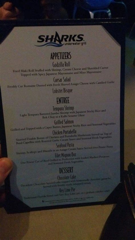 Menu at Sharks Underwater Grill pub & bar, Orlando