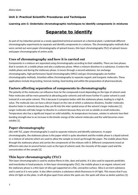 BTEC Applied Science Unit 2C Chromatography Distinction Unit 2