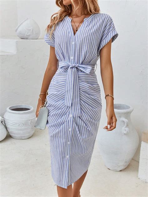 SHEIN Clasi Striped Print Batwing Sleeve Belted Shirt Dress SHEIN USA