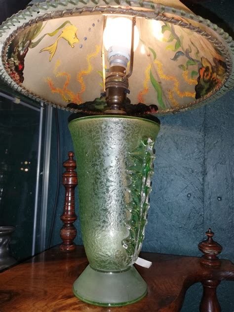 Green Uranium Glass Lamp Base With Hand Painted Velum Shade Sarah Jones Antiques