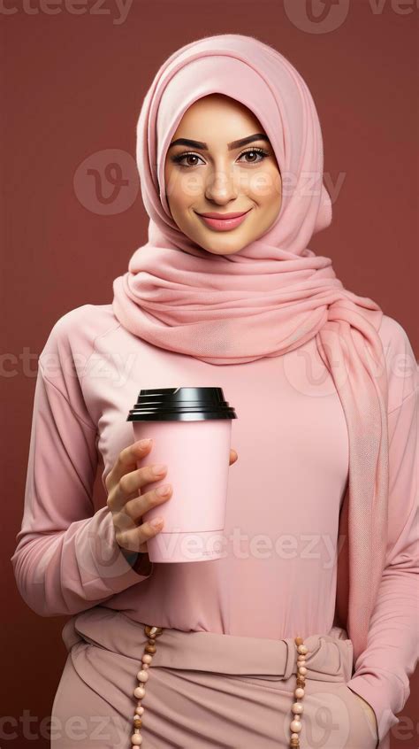 AI Generated Beautiful Muslim Woman In Pink Hijab Holding A Cup Of