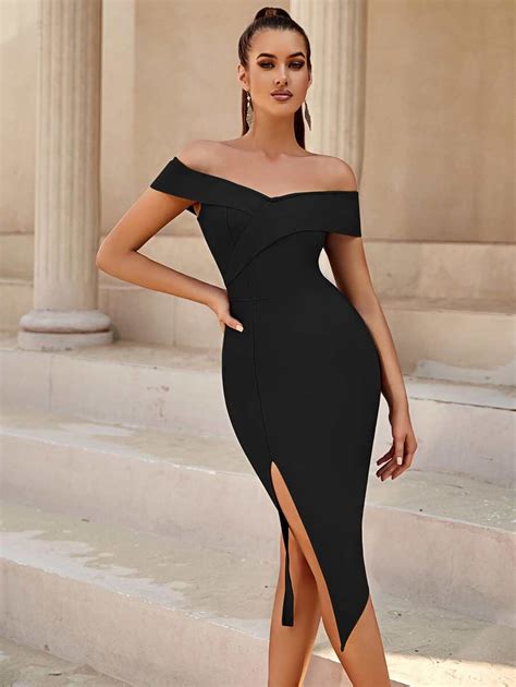 Adyce Off Shoulder Split Thigh Zip Back Cocktail Party Bodycon Bandage