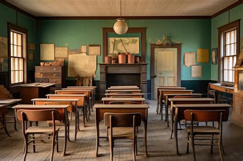 Old style historic classroom with wooden desks and dusty items vintage ...