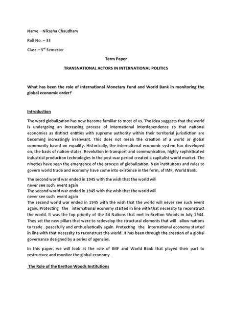 Role Of Imf Wb In Globalisaiton Pdf International Monetary Fund