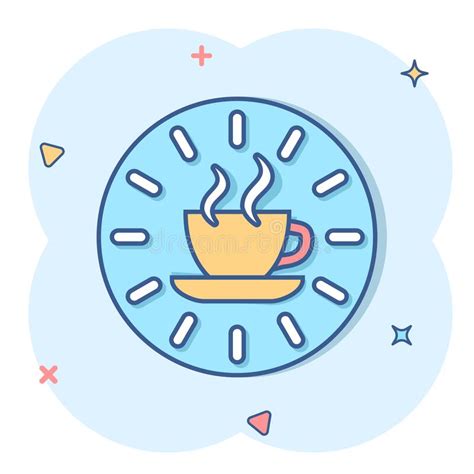 Coffee Break Icon In Comic Style Clock With Tea Cup Cartoon Vector