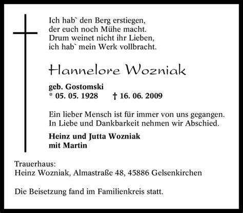 Traueranzeigen Von Hannelore Wozniak Trauer In NRW De