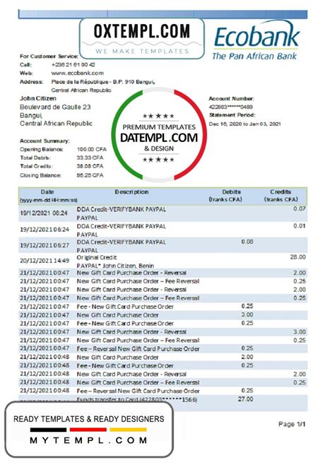 Central African Republic Ecobank Bank Statement Easy To Fill Template