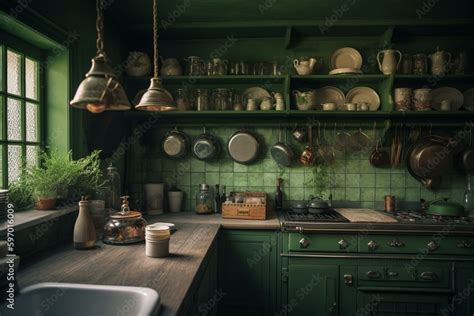 Vintage green kitchen in antique setting. Generative AI Stock ...