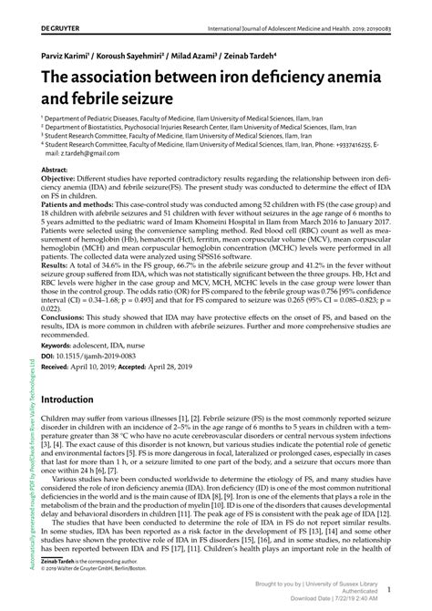 PDF The Association Between Iron Deficiency Anemia And Febrile Seizure