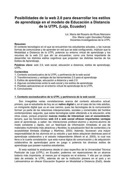 Pdf Posibilidades De La Web 20 Para Desarrollar Los Estilos De Aprendizaje En El Modelo De