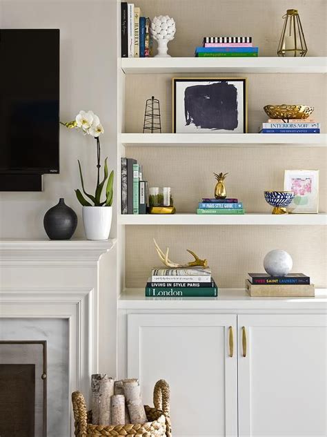 Beautifully Decorated Transitional Living Room Is Equipped Built In Styled White Shelves