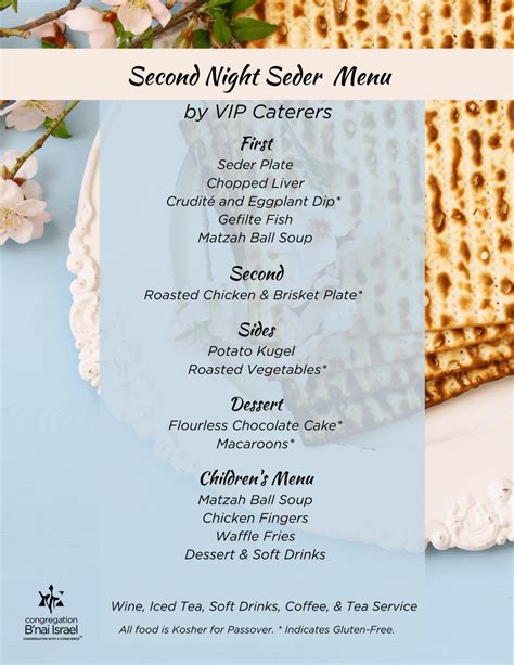 Passover Second Night Seder Menu Congregation B Nai Israel