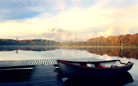 Wallpaper Sunlight Trees Forest Fall Boat Sunset Sea Lake