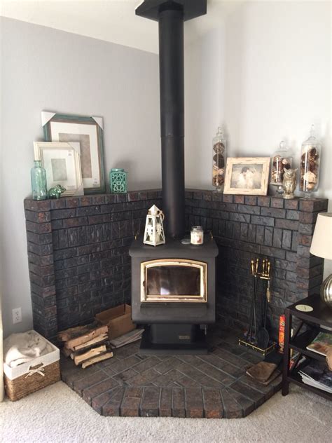 Updated Look On A Corner Wood Burning Stove Fireplace Mantel Wood