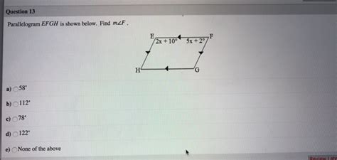 Solved Question 13 Parallelogram EFGH Is Shown Below Find Chegg