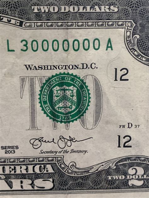 Error Misalgned And Off Center 2013 2 Dollar Bill Super Rare Binary L30000000a！ Ebay