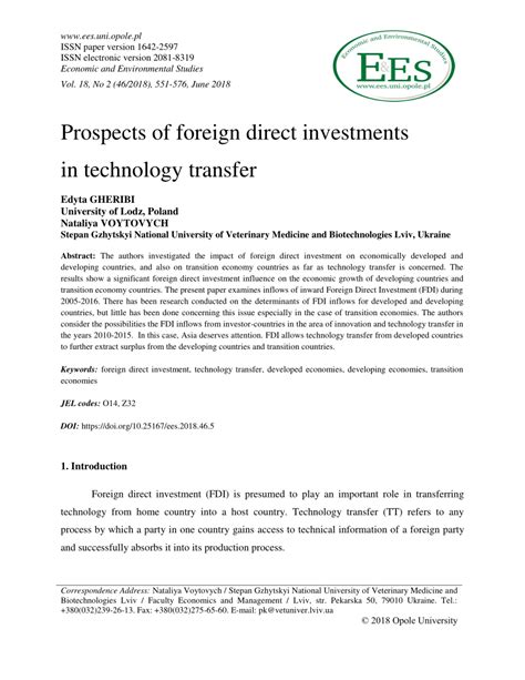 PDF Prospects Of Foreign Direct Investments In Technology Transfer