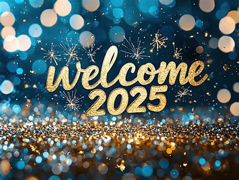 Welcome 2025 Lettering With Burst Illustration Glitter Background