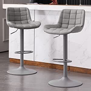 YOUTASTE Grey Bar Stools Set Of 2 Comfortable PU Leather Padded