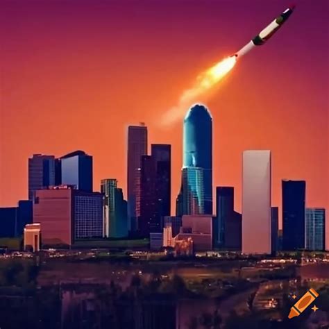 Cityscape Of Houston With A Soaring Rocket On Craiyon