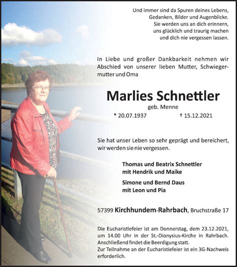 Traueranzeigen Von Marlies Schnettler Trauer In Nrw De