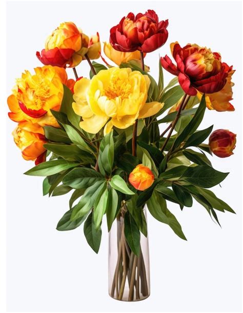 Premium AI Image | Bouquet of yellow and red peonies on a white background