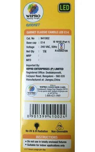 Wipro Garnet W E Filament Led Candle N Warm White E At Rs