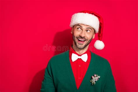 Closeup Photo Of Young Hadsome Stubble Beard Man Wear Santa Headwear Look Dreamy Empty Space