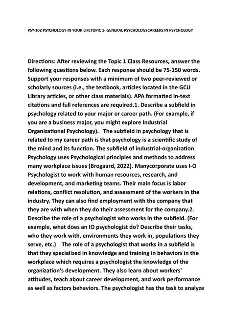 PSY 102 RS T1 Careers In Psychology Topic 1 AS PSY 102 PSYCHOLOGY IN