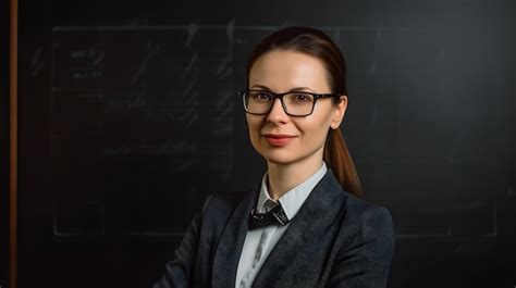 Premium Ai Image A Woman In A Suit And Glasses Stands In Front Of A Blackboard