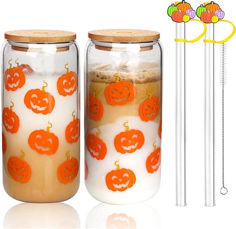 Amazon Anotion Fall Glass Cups With Lids And Straws Autumn