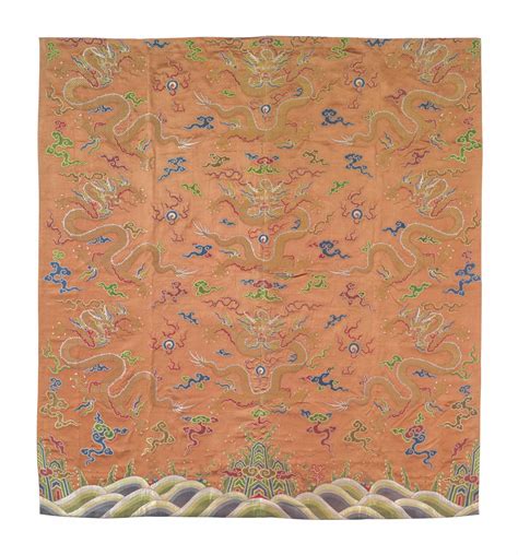 AN APRICOT SILK BROCADE NINE DRAGON PANEL 18TH 19TH CENTURY