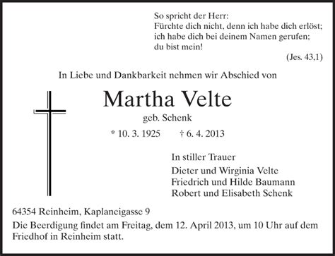 Traueranzeigen Von Martha Velte Vrm Trauer De