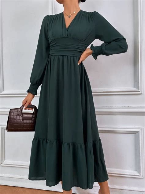 Solid Shirred Waist Flounce Sleeve A Line Dress Dresses A Line Dress