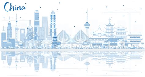 Outline China City Skyline With Reflections Vector Art At