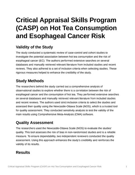 Critical Appraisal Skills Program Casp On Hot Tea Consumption And