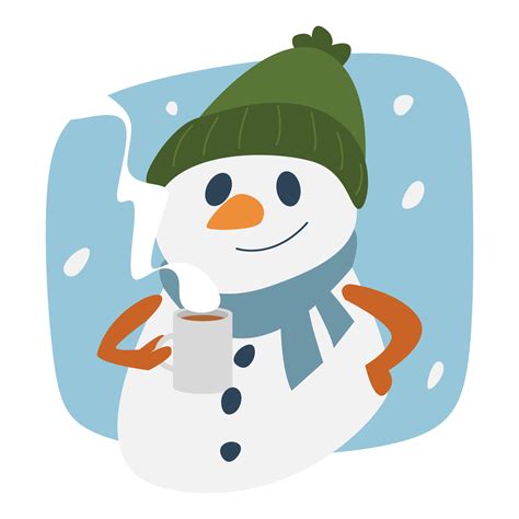 Cute Snowman Holding Hot Drink Wearing A Beanie And Scarf Concept Of Winter Christmas For