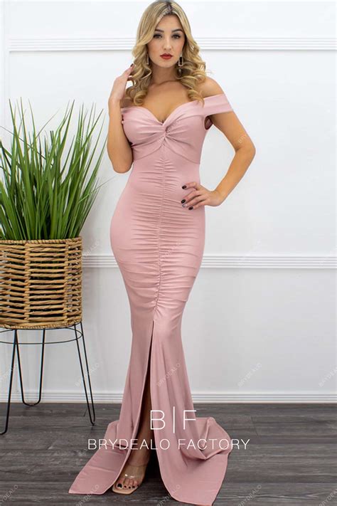 Nude Pink Twisted Off Shoulder Jersey Slit Mermaid Bridesmaid Dress