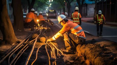 Premium AI Image Workers Laying Underground Cables As Part Of A Road