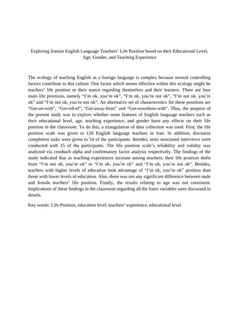 Pdf Exploring Iranian English Language Teachers Life Position Based