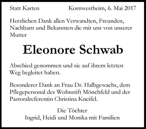 Traueranzeigen Von Eleonore Schwab Stuttgart Gedenkt De